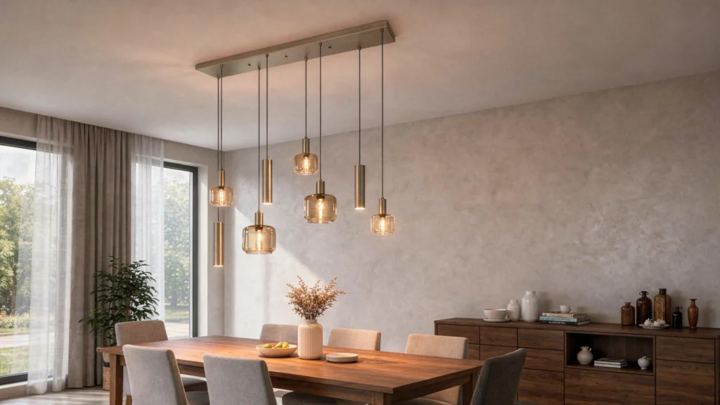 Comedor moderno con lámpara dorada y jardín png