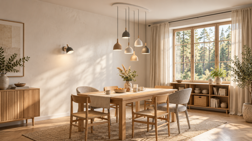 COMEDOR NORDICO CON LAMPARA 6 COLGANTES DIFERENTES COLORES
